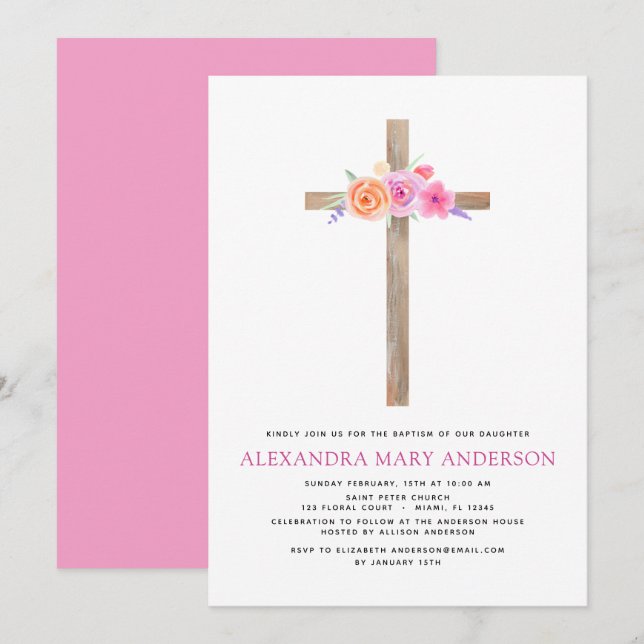 Baptism Pastel Floral Pink Rose Cross Invitation (Front/Back)