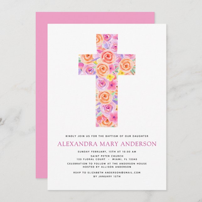 Baptism Pastel Floral Pink Rose Cross Invitation (Front/Back)