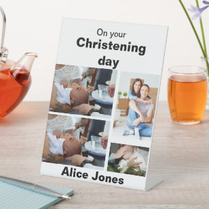 Baptism Personalized 4 Photo Collage Pedestal Sign