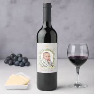 Baptism Photo Arch Greenery Faux Gold Foil Marble Wine Label