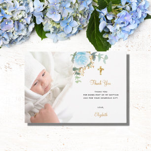 Baptism photo blue floral boy gold  thank you card