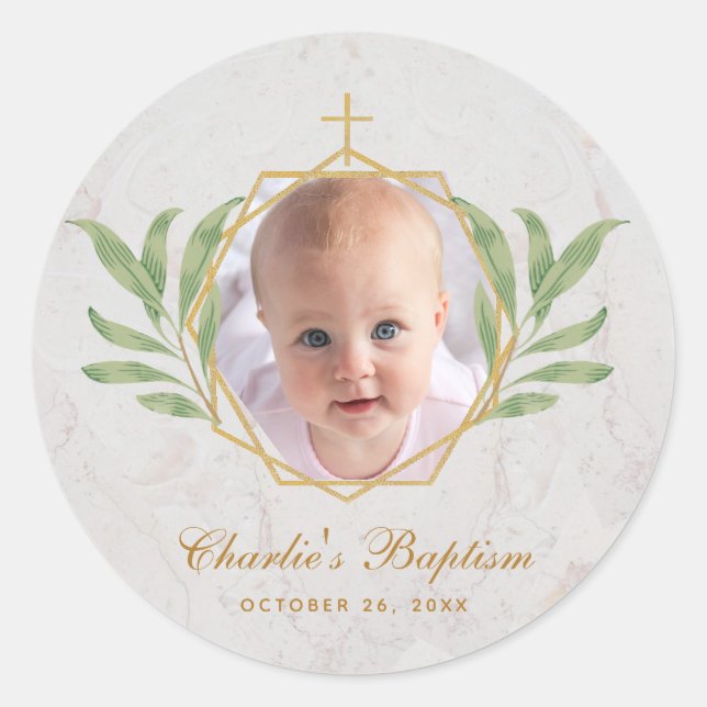 Baptism Photo Botanical Geometric Leaves Foliage  Classic Round Sticker (Front)