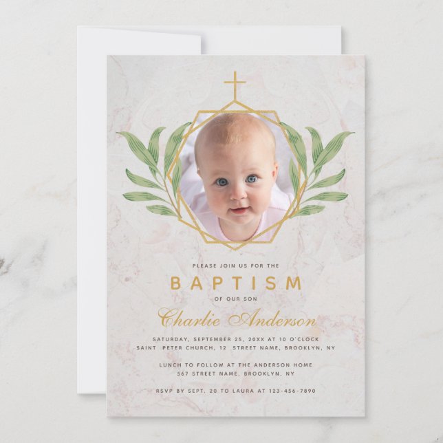 Baptism Photo Botanical Geometric Leaves Foliage Invitation (Front)