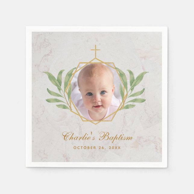 Baptism Photo Botanical Leaves Foliage Gold Marble Napkin (Front)