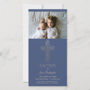 Baptism Photo Card - Invitation w/ Gold Cross