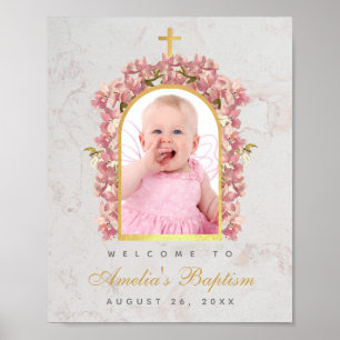 Baptism Photo Faux Gold Arch Pink Orchids Welcome  Poster