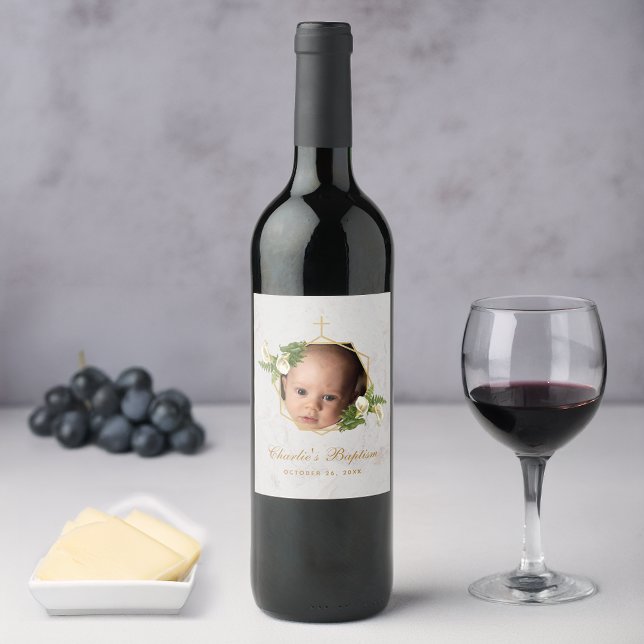 Baptism Photo Floral Calla Lilies Gold Marble  Wine Label (Creator Uploaded)