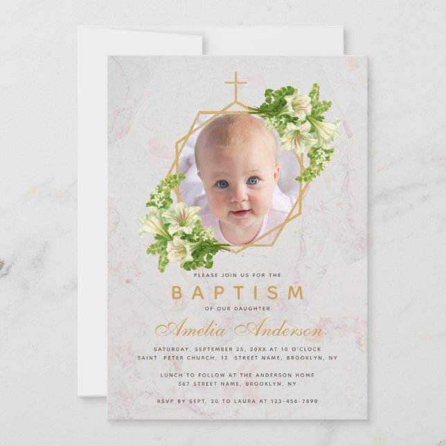 Baptism Photo Floral Geometric White Lilies Marble Invitation (Front)