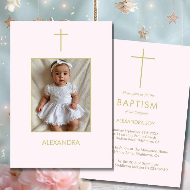  Baptism Photo Gold Pink Girls Religious Invitation (Creator Uploaded)