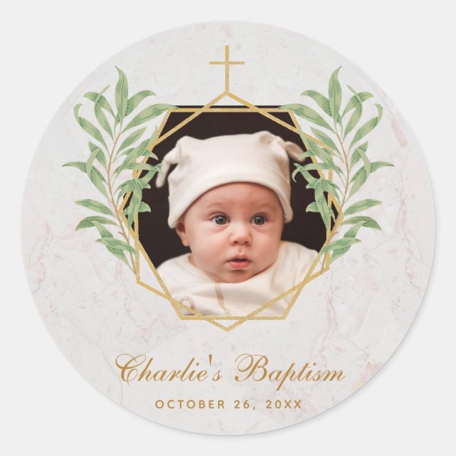 Baptism Photo Greenery Botanical Geometric Marble  Classic Round Sticker (Front)