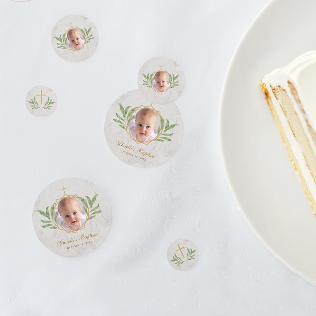 Baptism Photo Greenery Botanical Geometric Marble  Confetti (Creator Uploaded)