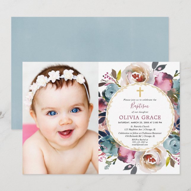 Baptism photo invitation Navy blue burgundy merlot (Front/Back)