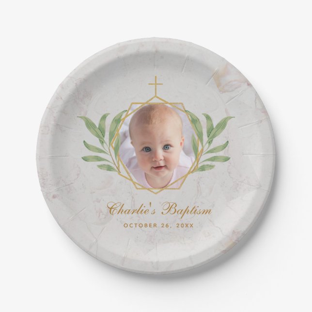 Baptism Photo Marble Leaves Botanical Geometric Paper Plate (Front)
