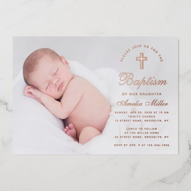 Baptism Photo Simple Calligraphy Rose Gold Script  (Front)