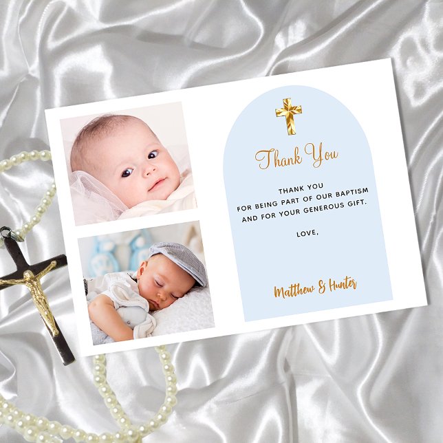 Baptism photo twins blue boys thank you card (Creator Uploaded)
