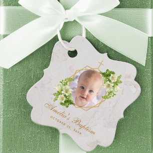 Baptism Photo White Lilies Floral Geometric Marble Favour Tags