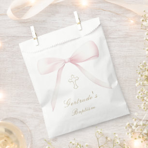 Baptism pink bow baby girl favour tags bag