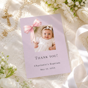 Baptism pink bow dusty lavender photo girl thank you card
