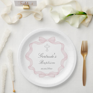 Baptism pink bow frame paper plate
