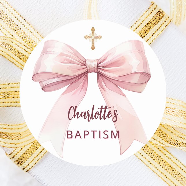 Baptism pink bow girl cross classic round sticker (Creator Uploaded)