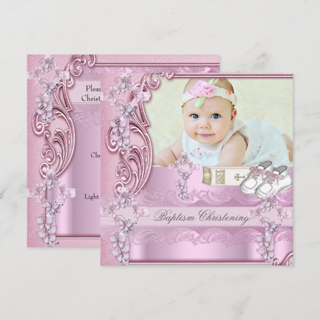 Baptism Pink Cross Girl Photo christening Invitation (Front/Back)