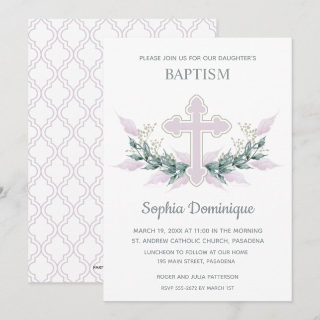 Baptism Pink Cross & Wreath Invitations (Front/Back)
