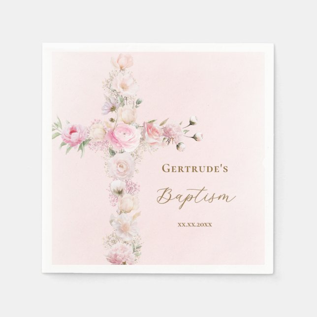 Baptism pink floral cross  napkin (Front)