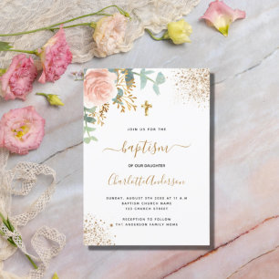 Baptism pink floral girl invitation