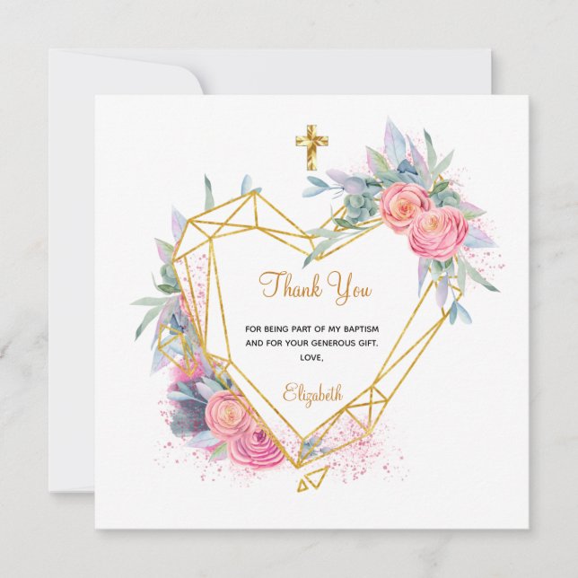 Baptism pink floral photo girl thank you (Front)