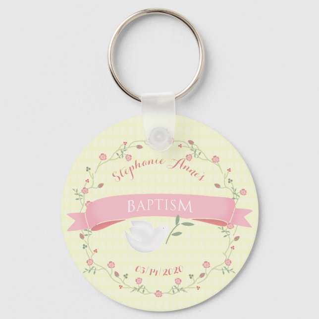 Baptism Pink Floral Wreath Keychain (Front)