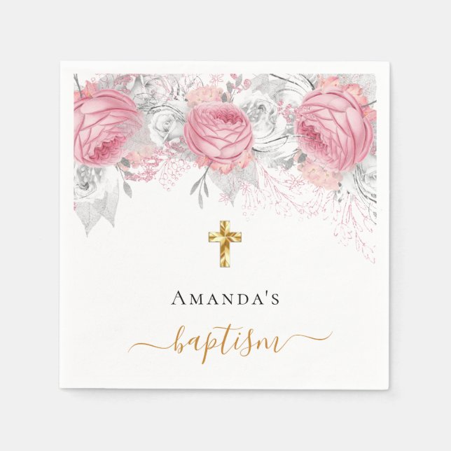Baptism pink florals white elegant name script napkin (Front)