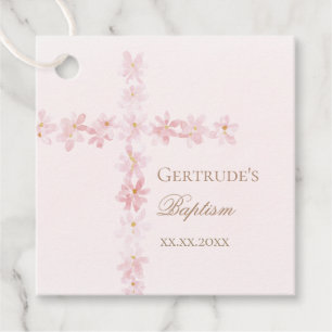 Baptism pink flowers watercolor cross favour tags