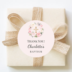 Baptism pink girl florals wreath cross thank you classic round sticker