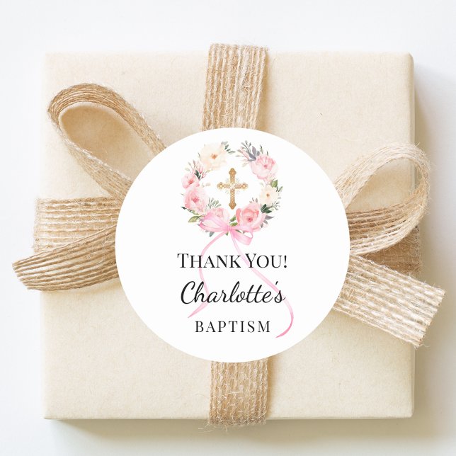 Baptism pink girl florals wreath cross thank you classic round sticker (Creator Uploaded)