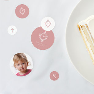 Baptism Pink Girl Photo Dusty Rose Cross in Crest  Confetti