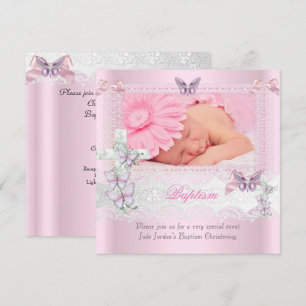 Baptism Pink Lace Photo Butterfly Cross Girl Invitation