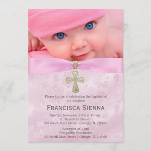 Baptism Pink Roses with photo Invitation