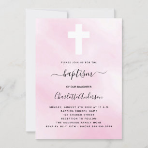 Baptism pink sky girl cross minimalist modern invitation