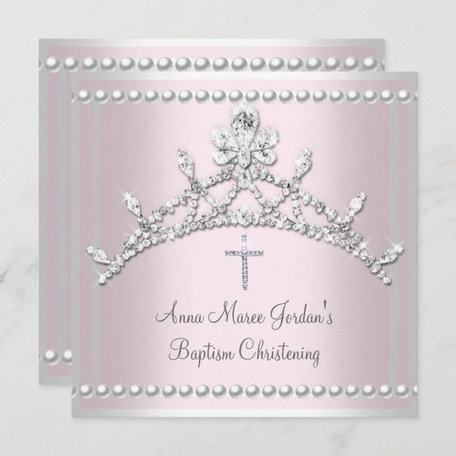 Baptism Pink Tiara Silver White Pearl Diamond Invitation (Front/Back)