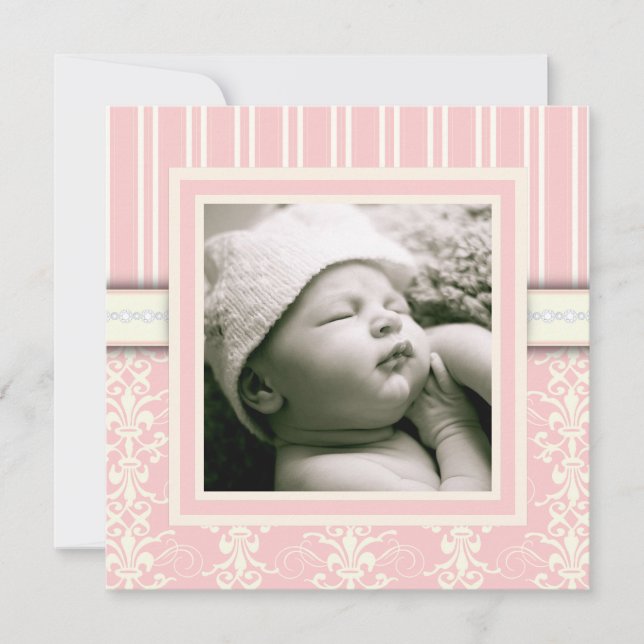 Baptism Pink Vintage Damask Photo Invitation (Front)