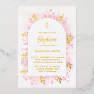 Baptism pink watercolor gold foil invitation