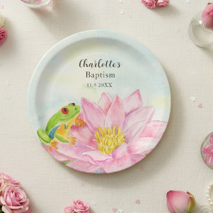 Baptism Pink Waterlily & Tree Frog Paper Plate