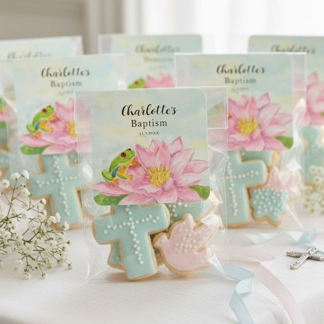Baptism Pink Waterlily & Tree Frog Square Sticker (Creator Uploaded)