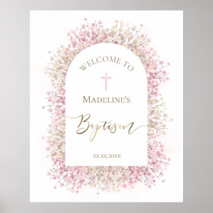 Baptism pink white floral welcome poster