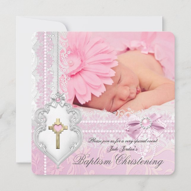 Baptism Pink White Lace Photo Pearl Cross Girl Invitation (Front)