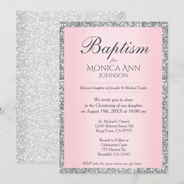 Baptism | Pink with Silver Faux Glitter Invitation (Front/Back)