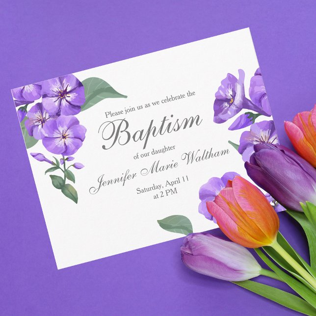 Baptism Pretty Purple Floral Watercolor Invitation Postcard (Creator Uploaded)