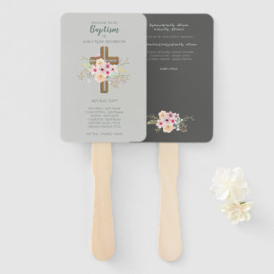 Baptism Program Fan - Floral Cross Grey