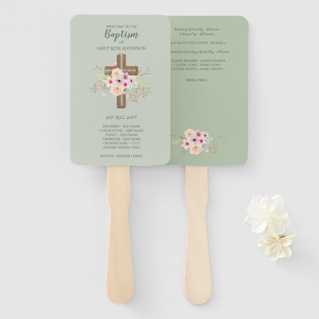 Baptism Program Fan - Floral Cross Sage (Front and Back)