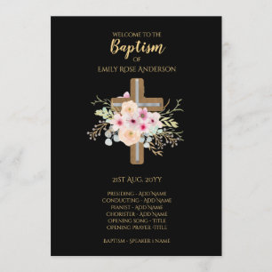 Baptism Program - Floral Cross Black Gold